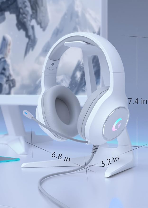 syndesmos CM7002 Gaming Headset for PS5, PS4, PC, Mac, Switch, Xbox Series, Surround Sound RGB Gaming Headphones with Noise Canceling Microphone, 50MM Dynamic Drivers, 3.5MM Audio Jack, Light White