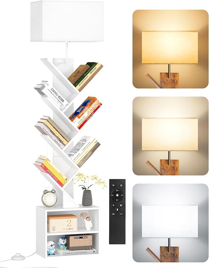 9 Tier Tree Bookshelf with Light, Remote, Timer & Cabinet, Dimmable Modern Tall Floor Standing Corner Book Shelf, Small Narrow Wood Bookcase for Living Room, Bedroom, Office(White)