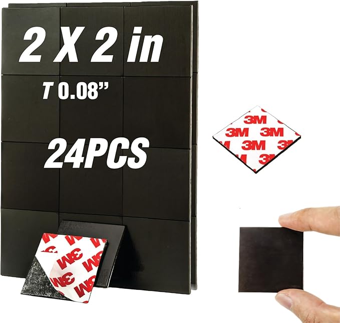 Stick On Magnets with Double Sided Adhesive Tape,Magnet Squares 2"x2",Self Sticky Pre-Cut Magnetic Strip,Peel and Stick for Lightweight Projects (80mil Thickness,24 Pieces)