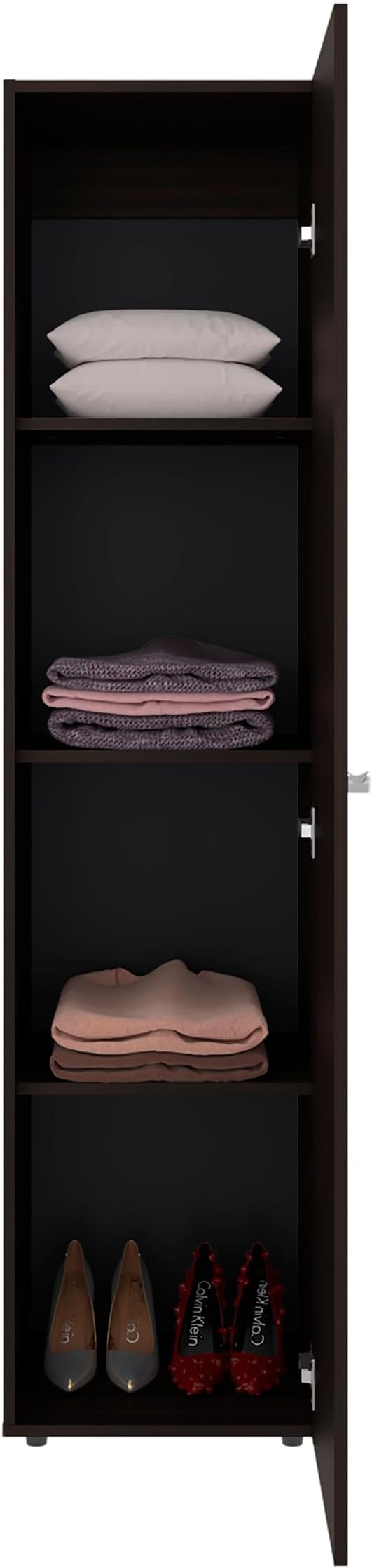Stained Walnut Storage Cabinet with Mirror Integrated full-length mirror enables effortless head-to-toe styling and quick outfit checks right next to hanging clothes and folded garments for convenie