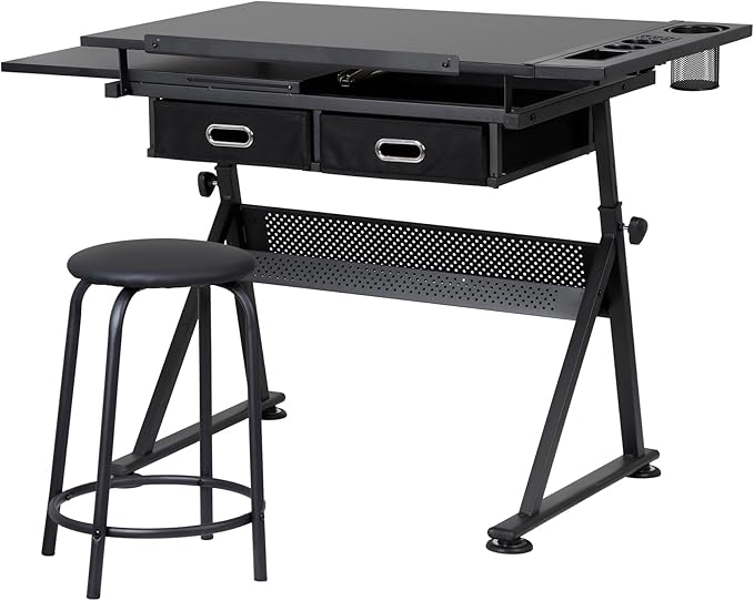 HomGarden Height Adjustable Drafting Desk Drawing Table Art Craft Work Station w/Stool, Storage Drawers for Home Office Study Room, Black