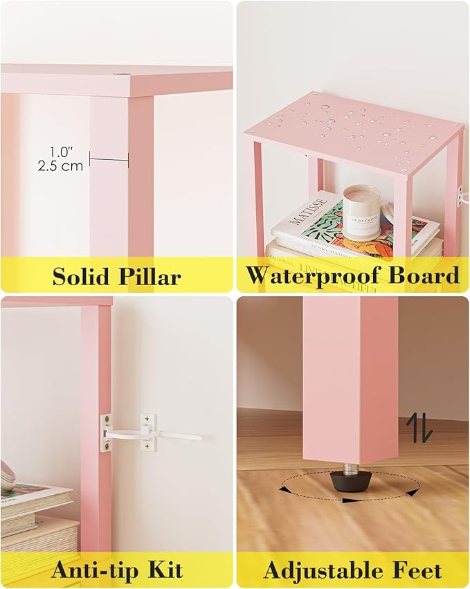 Open Book Shelf with LED Lights, 5 Tier Tall Bookshelf, Freestanding Shelf Narrow Bookcase with Open Shelves, 14.96" x 10.63" x 53.54", Book Shelves for Living Room, Office, Study, Pink