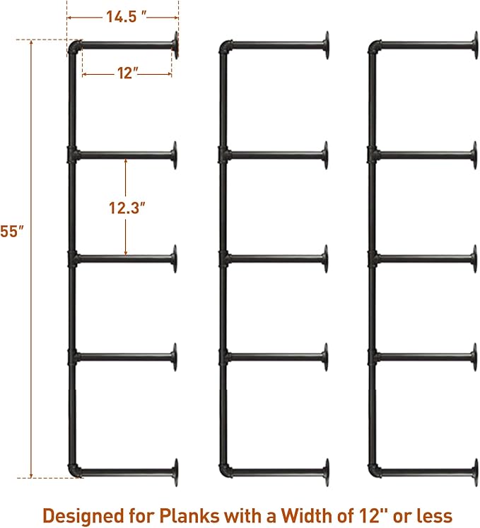HITOMEN Industrial Iron Pipe Shelves, 3 Set 5-Tier, 55" Tall, 12" Depth, DIY Open Bookshelf Bookcase, Wall Mounted Vintage Retro Shelving, Rustic Farmhouse Pantry Kitchen Storage, Black Shelf Brackets