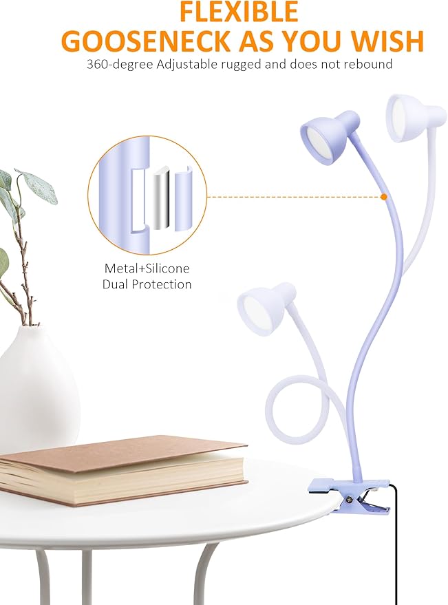 LiFMIRA Clip on Lamp USB Reading Light, 3 Color Modes, 10 Brightness Dimmable, Flexible Gooseneck Desk Lamp with Clamp, Eye Care Clip on Light for Bed Headboard Desk Home Dorm