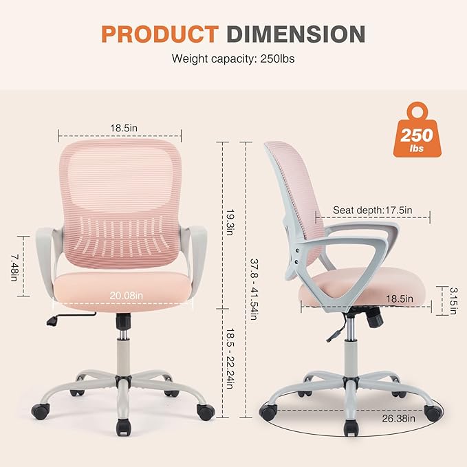 Sweetcrispy Ergonomic Mid-Back Mesh Home Office Desk Chair with Wheels, Lumbar Support, and Comfortable Armrests for Home, Bedroom, Study, Office