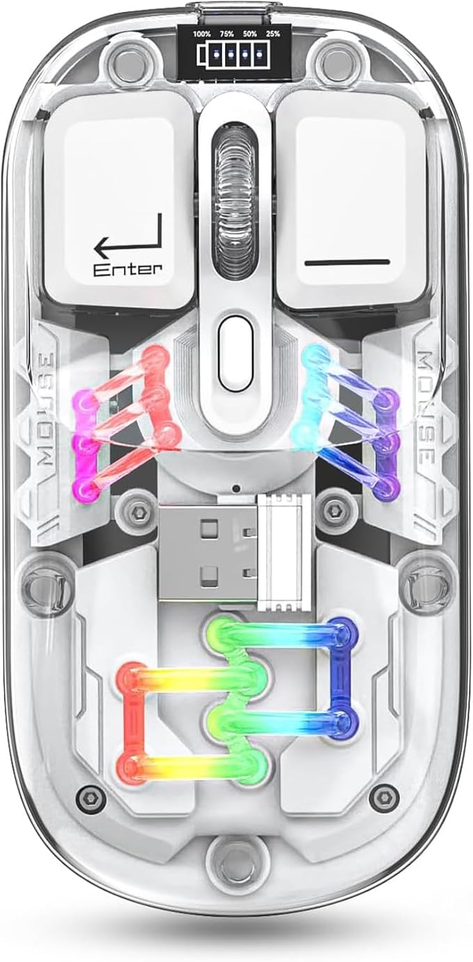 Wireless Bluetooth Mouse, Transparent BT + 2.4G Dual-Mode Mechanical Mouse with Magnetic Top Cover, Rechargeable RGB Backlit Gaming Mouse for Gaming/Esports/Desktop/Laptops/Tablets (White)
