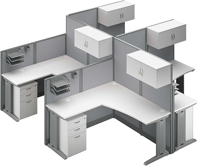 Bush Business Furniture Office in an Hour 4 Person L Shaped Cubicle Desks with Storage, Drawers, and Organizers in Pure White