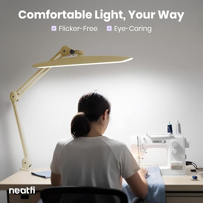 Neatfi XL 2200 Lumens 20W LED Desk Lamp with Clamp – Adjustable Color Temperature | 4-Level Dimmable Light | Home Office, Crafts & Workbench | 20-Inch Wide Head (Gold, CCT with Clamp)