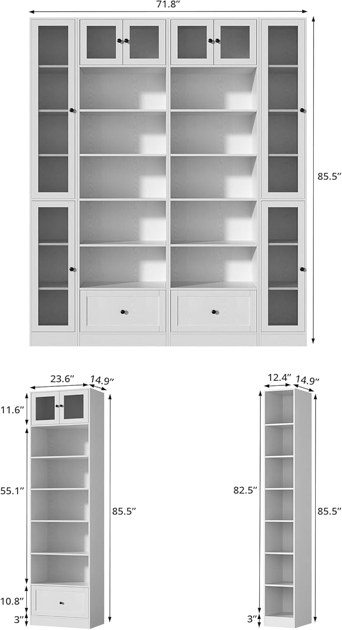 TUSY 85.5 Inch Tall Bookshelf with Doors - 7 Tier Bookcase with Glass Doors and Drawer, 23.6" Wide Storage Cabinet with Open Shelves for Living Room, White Book Shelf for Home Office, Study (DBBD)