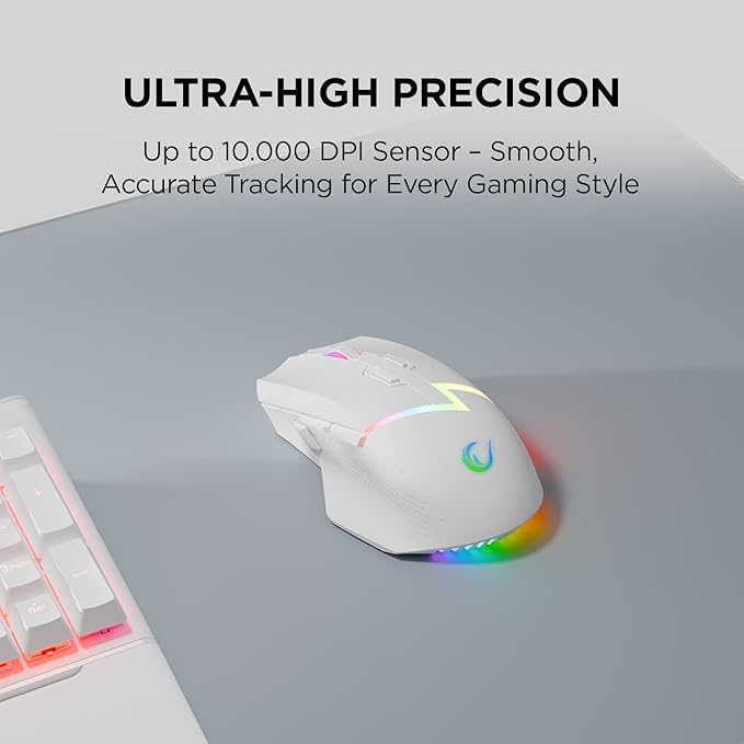 Rampage Drop M3 White Wireless Gaming Mouse – 10,000 DPI RGB Backlit, Wired/Wireless Dual Mode, 2.4GHz USB Receiver, USB-C Rechargeable, 8D Macro Buttons, Ergonomic Mouse Gamer