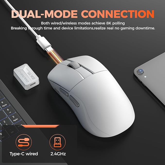 DAREU A950 Wing Ultralight Wireless Gaming Mouse 1.23oz (35g), Custom PAW3950 Optical Sensor,30K DPI, Wired/Wireless Dual 8000 Polling Rate, Symmetrical, 5 Programmable Buttons,70H Battery, Web Hub