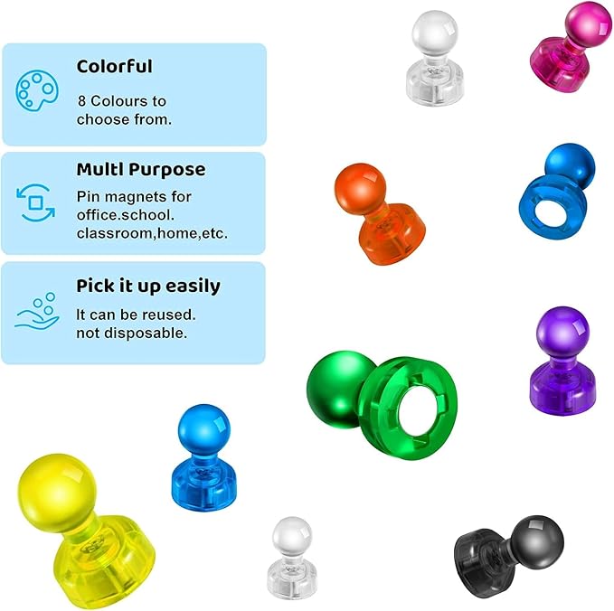 HongyiTime 90 PCS Colorful Strong Magnetic Push Pin Magnets, Office / Classroom Magnets,8 Assorted Color, Perfect to use as Kitchen Home and School, Map Magnets,Whiteboard Magnets