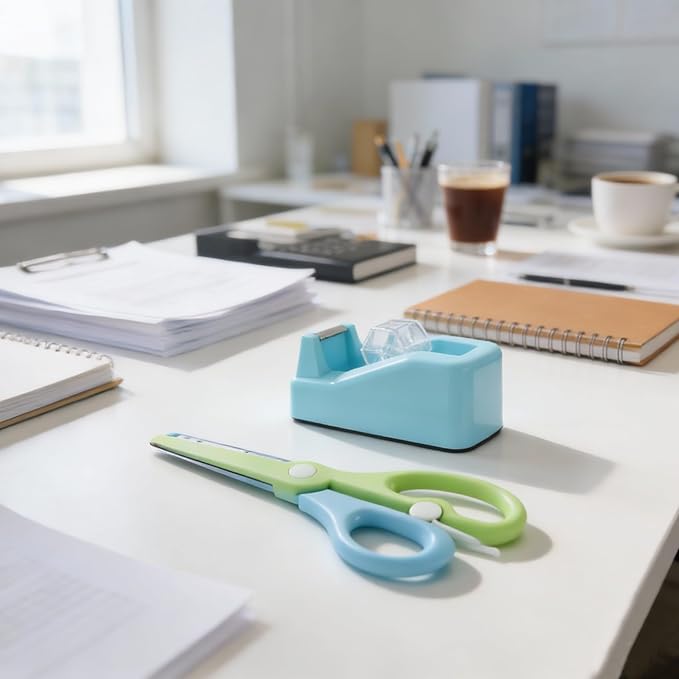XEUZK Desktop Tape Dispenser Kits with Weighted Nonskid Base Tape Dispenser- Includes 9 Rolls of Transparent Tape(0.71 Inch x 500 inches Each) & Blue Scissors, 2 Pcs Tweezers (Lake Blue)