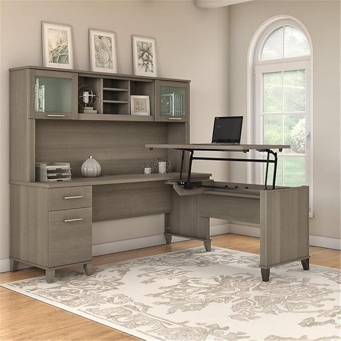Pemberly Row 72W L Shaped Sit to Stand Desk with Hutch, 3 Position Lift-n-Lock System, 42W Return, Frosted Glass Doors, Adjustable Shelves, File Drawer, Ergonomic Office Desk for Home or Workspace