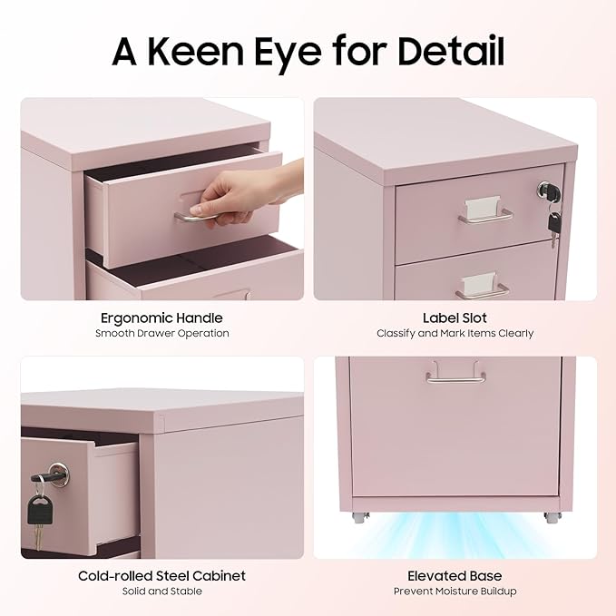 3-Drawer Metal File Cabinet, Mobile File Cabinet with Lock, Rolling Vertical Filing Drawers Under Desk for Home Office, 11 * 16 * 18.3in (Light Pink)