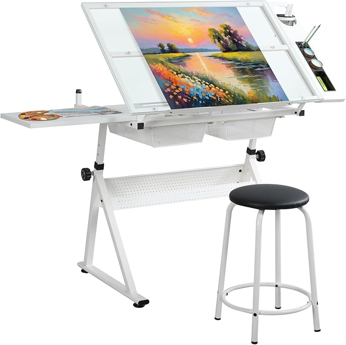 Adjustable Drawing Table for Artists | Drafting Desk with Tilted Glass Top | Art & Craft Table for Adults (White, Classic Pro-27.16''- 35.82'' H)