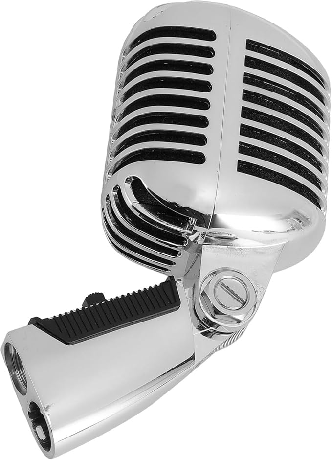 Classic Retro Microphone, Vintage Dynamic Microphone, Zinc Alloy Self Tensioning Rotating Rack, Unidirectional Cardioid Mic, Universal Stand Compatible (Silver)