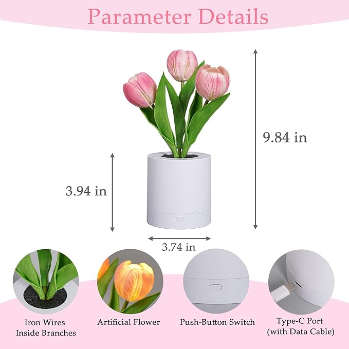 Lifnatty Tulips Flower Lamp for Women, Mothers Day Birthday Presents for Mom, Wife, Girlfriend - Rechargeable Dimmable Flower Table Lamp Decor, Cute Tulip Night Light for Women Birthday Christmas