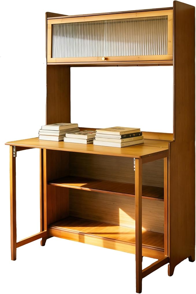 Fold-Out Convertible Office Table, Space-Saving Folding Writing Desk with Hutch & Storage Shelves, Pet-Friendly Foldable Computer Desk with Free Cat Bed for Small Spaces (Walnut1)