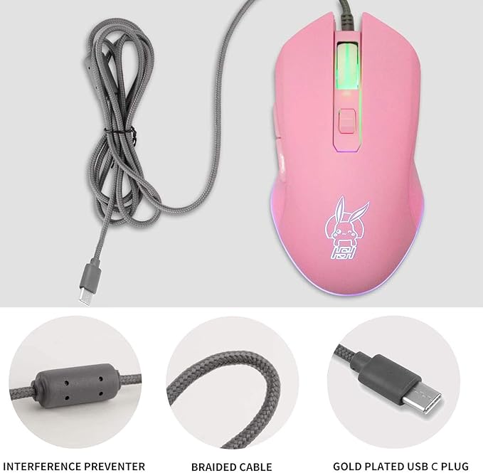 IULONEE USB Type C Wired Mouse,Silent Computer Mouse Optical Gaming Mice Ergonomic 7 LED Backlight 2400 DPI 6 Buttons for Office Home Windows PC,Laptop,Desktop,Notebook,MacBook(Type-C Pink)
