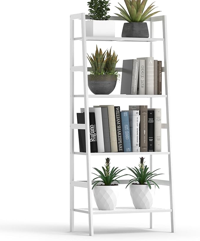 Bamboo White Bookshelf, 4-Tier Ladder Shelf Freestanding Space Saver Open Bookcase Book Shelf, Bamboo Storage Shelving Unit Flower Plant Stand for Living Room, Bathroom, Home Office