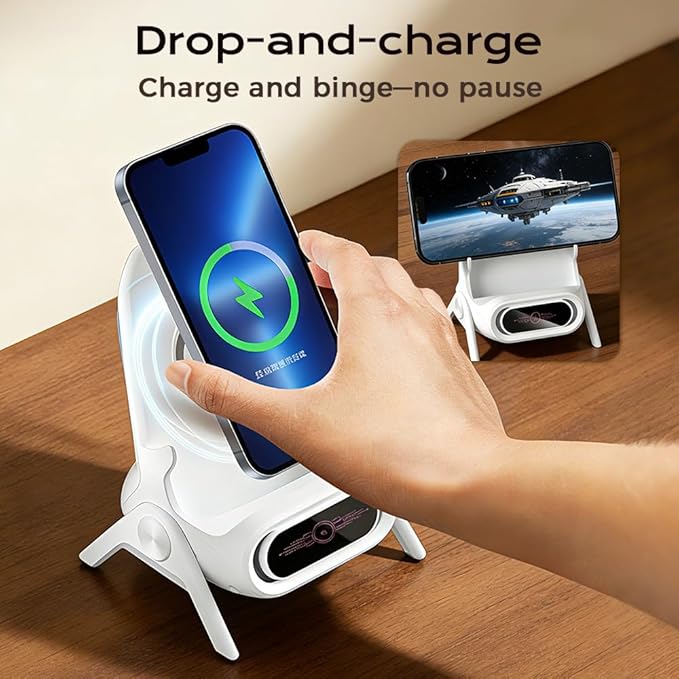 Mini Chair Wireless Fast Charger Multifunctional Phone Holder, 2026 New Wireless Fast Charger Phone Stand with Speaker, 3 in 1 Charging Desktop Stand for Cell Phones (White)