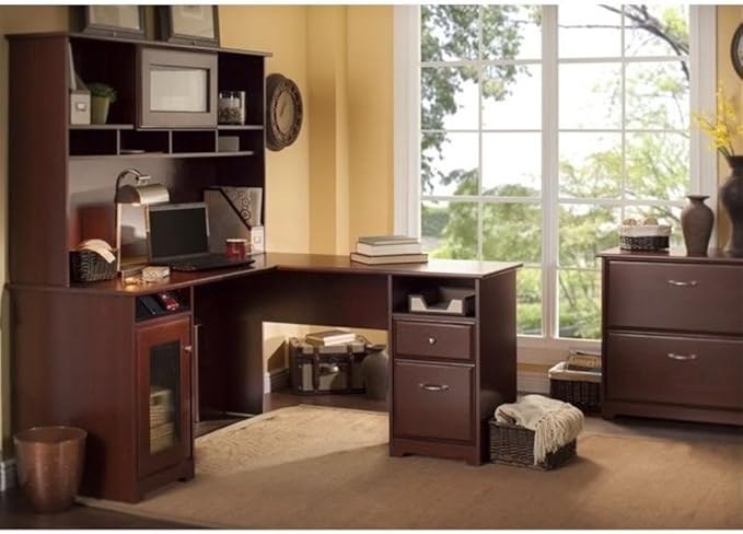 Pemberly Row 3 Piece Office Set, Laminate Over Engineered Wood, Harvest Cherry Finish, Includes L Shape Desk, Hutch, and Lateral File, Fluted Glass Doors, USB Hub, Ideal for Home Office Use