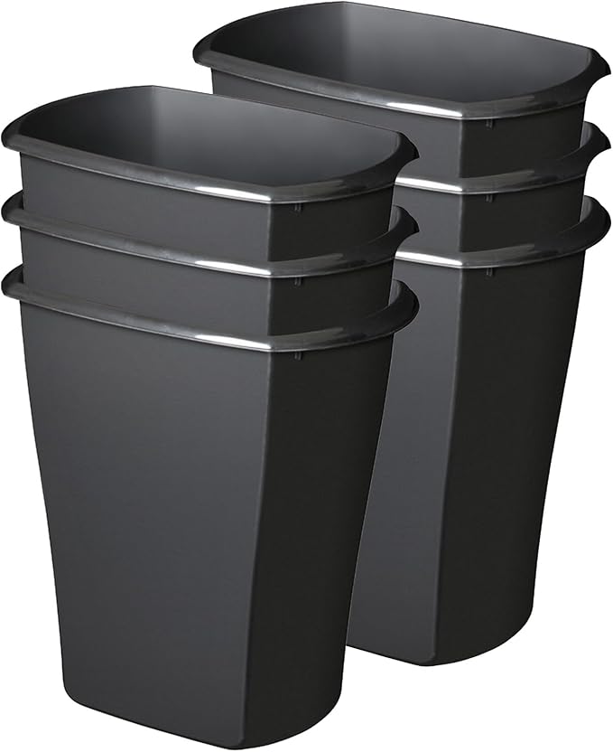 Sterilite 5.5 Gallon Rectangular Wastebasket, Open-top, Medium Sized Trash Can for the Bathroom, Bedroom, or Office, Black, 6-Pack