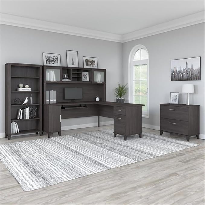 Pemberly Row 72W L Shaped Desk Set with Hutch, Storage, Lateral File Cabinet, Bookcase, Storm Gray Finish, Engineered Wood, Transitional Style Home Office Furniture for Organization and Workspace