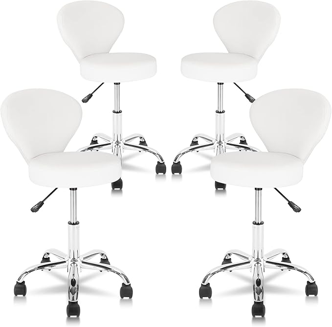 KLASIKA Set of 4 PVC Faux Leather Rolling Swivel Salon Stool Chair with Low Back Support Adjustable Hydraulic Seat Height 22 IN Diameter 15 IN for Office Massage Facial Spa Medical Tattoo White 4 Pack