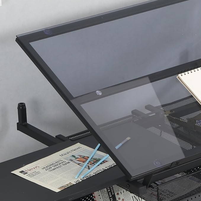 Adjustable Height Drafting Table with Storage Drawers & Stool for Adults, Glass Art Desk with Side Storage Strips, Drawing Table with Tilted Tabletop for Art Office Study (Black+Glass A)