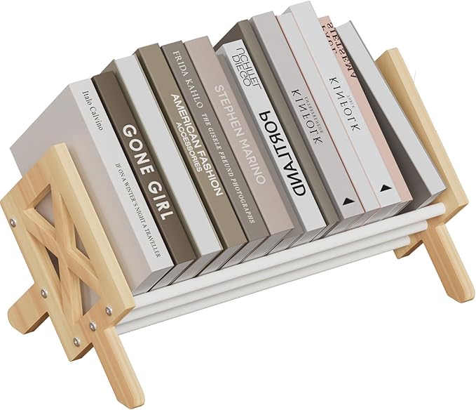 Desktop Bookshelf Organizer, Wood Office Tabletop Book Storage Rack, Tilting Bookcase for Books/CDs/Magazine Display (White)