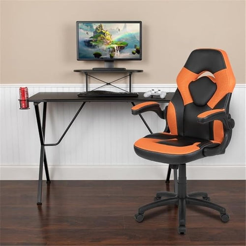 BOWERY HILL 2 Piece Gaming Desk Set, Black Laminate Desk with Raised Monitor Stand, Ergonomic High Back Chair, Orange Mesh Inserts, Built-in Lumbar Support, Contemporary Style for Gaming Setup
