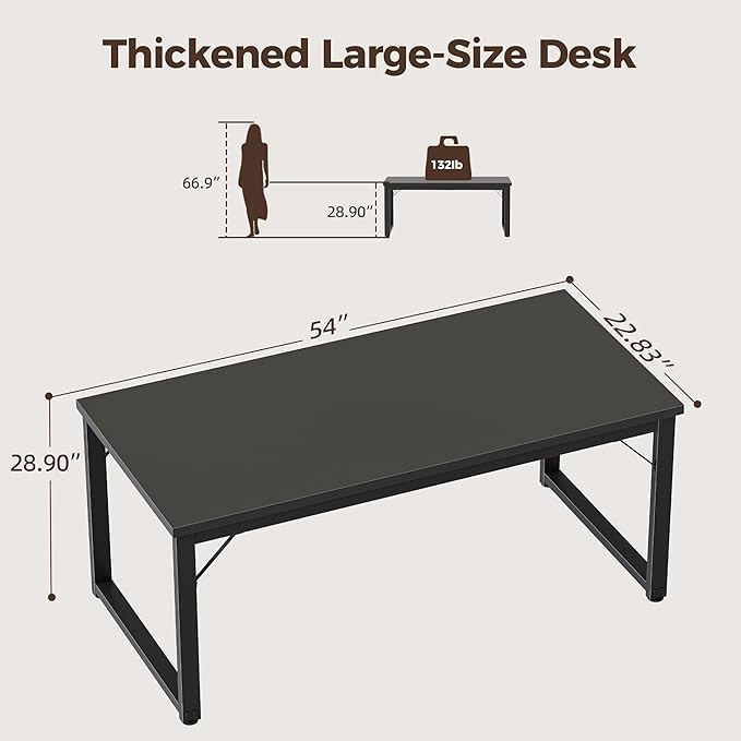 Mericonia 54 Inch Computer Desk, 1" Thick Heavy Duty Industrial Office Desk, Modern Simple Study Writing Table for Home Office Bedroom Workstation, Black