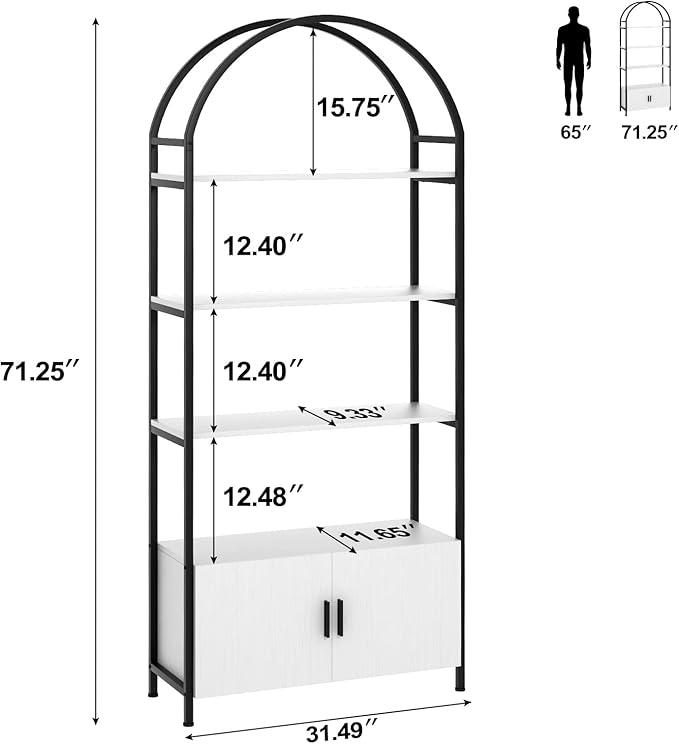 Jehiatek Arched Bookshelf, Bookcase with Doors Storage, 71 Inches Tall Industrial Book Shelf with Sturdy Metal Frame, E1 Quality Boards, Freestanding Display Shelving Unit, Black and White