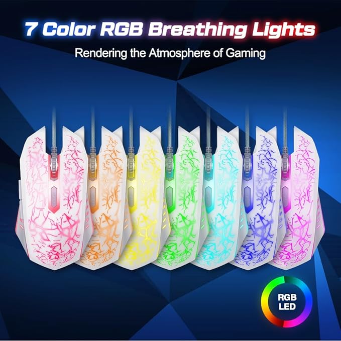 VersionTECH. Wired Gaming Mouse, Computer Mouse Ergonomic Mice with 7 LED Lights RGB Backlit, 6 Programmable Buttons, 4 Adjustable DPI for Laptop PC Gamer Desktop Chromebook Mac Games-White