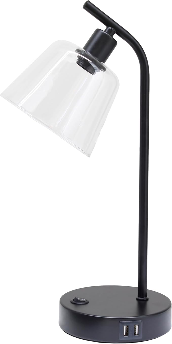 Simple Designs LD1074-BLK 15.75" Sleek Essentials Modern Industrial Metal Desk Lamp with Clear Glass Shade and Dual USB Ports, for Office, Desk, Nightstand, Dorm, Black
