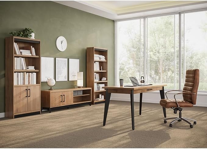 NBF Writing Desk and Low Credenza w/Storage Set Monarca/Black Base, Features Adjustable Shelves, Pencil Drawer, and Bookcases for Office Storage