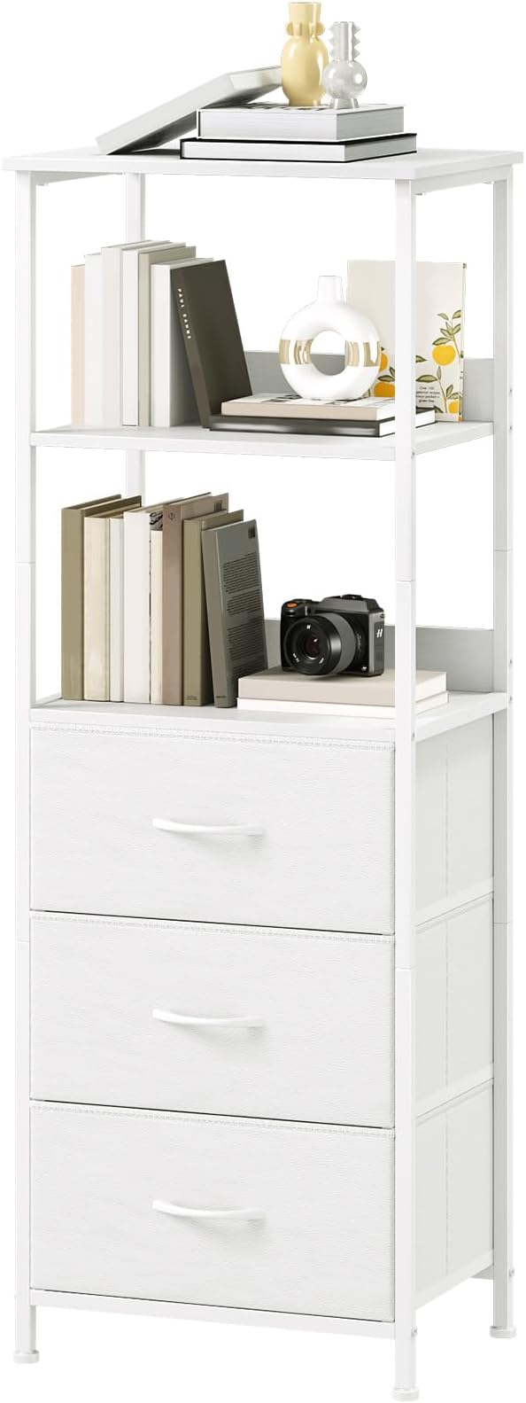 Somdot 5 Tier Bookshelf with Drawer, Tall Bookcase with Shelves, Bookshelf Desktop Organizer, Display Standing Shelf Units for Living Room, Bedroom, Study Room,White Leather