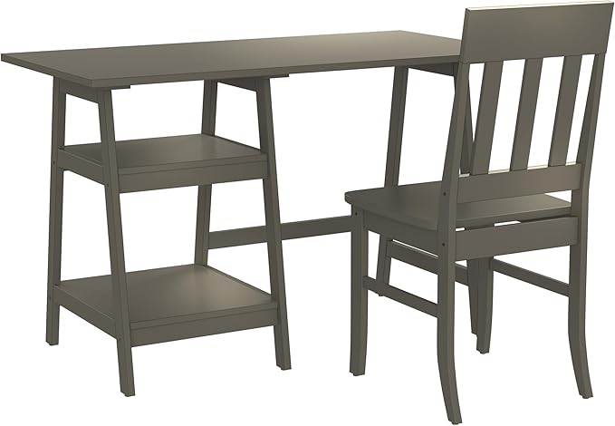 24/7 Shop at Home Myrrh Cottage 2-Piece Wood Storage Writing Desk with 2 Shelves and Chair Set for Workstation, Home Office, Study Room, Gray