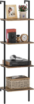 Wolawu Ladder Shelf 4 Tiers Metal Industrial Bookshelf,Brown Wood Tall Open Storage Rack and Display Shelves,Wall Mount Wide Book Case for Home Office Bedroom,Small