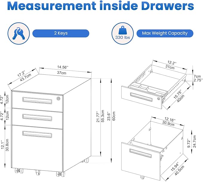 Dripex 3 Drawer Grey File Cabinet, Mobile Under Desk Storage File Cabinet with Lock on Wheels, Fully Assembled, Letter/Legal Size, Small Short Vertical Metal Rolling Filing Cabinets for Home Office