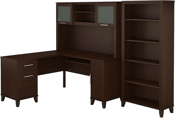 Bush Furniture Somerset 60W L Shaped Desk with Hutch and 5 Shelf Bookcase