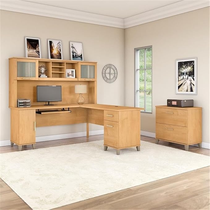 Pemberly Row 72W L Shaped Desk with Hutch & File Cabinet, Maple Cross Finish, Transitional Style, Ample Storage, Frosted Glass Doors, Home Office Furniture Set
