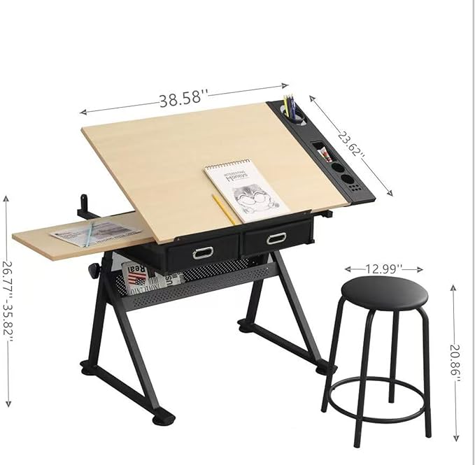 Drafting Table Art Table Adjustable Drawing Table Tilted Tabletop, Craft Table, with Storage Drawers and Stool, Crafting Desk with Storage for Painting Diamond Reading Writing Study (White B)