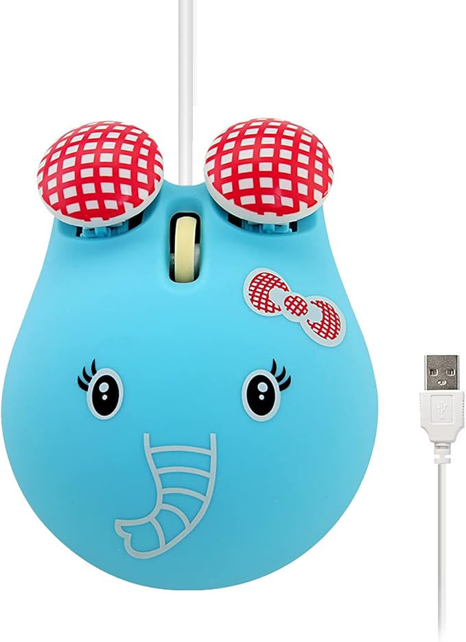 Sokelinn-six Wired Cute Mouse, USB Wired Mause for Kids with Lovely Cartoon Shaped, 1600PDI 3 Buttons Ergonomic Mini Mice for PC Laptop Desktop (Blue Elephant)