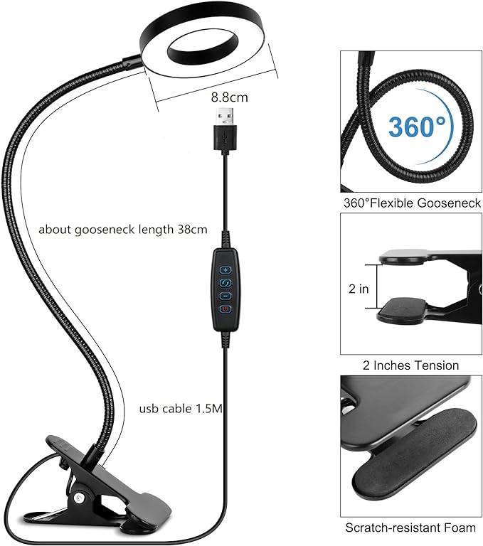 Woputne Desk Clip on Lamp for Reading Home Office, with 5V 2A Adapter, 10 Dimmable Brightness 3 Modes, Clamp Reading Light for Bed Headboard, Craft (Black)…