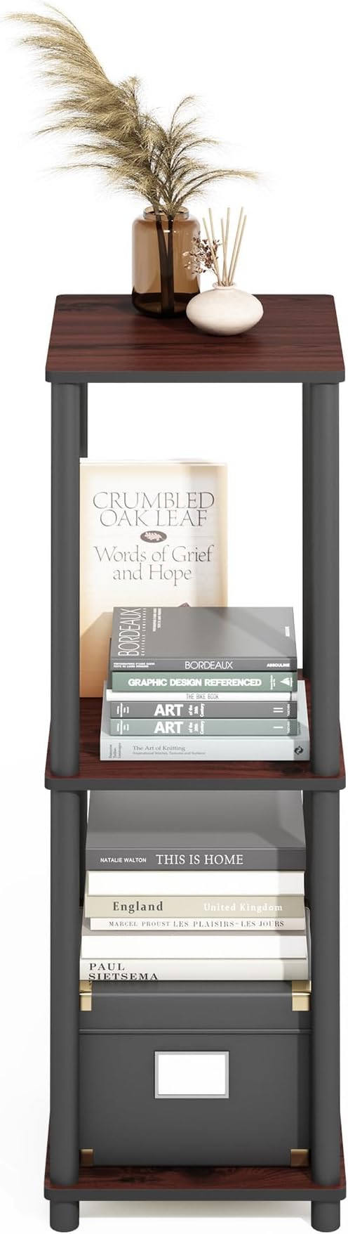 Furinno Turn-N-Tube Set of 2, 2-Tier Book Shelf with Open Shelf, Stackable Bookshelf, Toolless Bookcase with Easy Assembly, 13.4 x 13.4 x 20, for Living Room, Bedroom, Home Office, Dark Cherry/Black