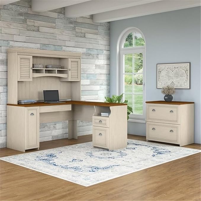 Pemberly Row L Shaped Desk with Hutch and File Cabinet, Antique White and Tea Maple Finish, Engineered Wood, 60W x 60D Space Saving Design, Farmhouse Style Home Office Furniture with Storage