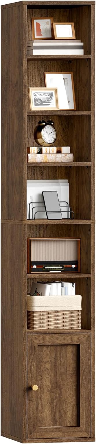 RALGEND 7-Tier Tall Narrow Bookshelf with Door, 70.9 Inches CD DVD Slim Media Tower Rack with Storage Cabinet, Adjustable Shelves, Skinny Bookshelf Display Bookcase for Home Office, Walnut